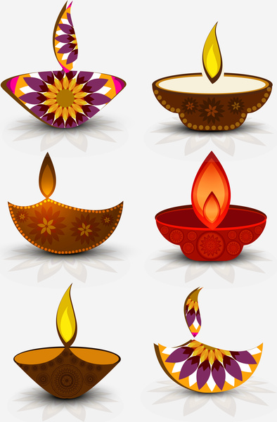 felice diwali lucido 6 vari diwali diya set sfondo variopinto di vettore