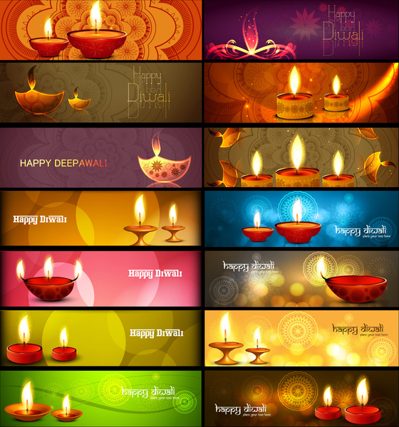 feliz diwali elegante coleção colorida brilhante cabeçalhos definidos do vetor