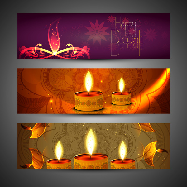 Joyeux diwali ensemble coloré brillant élégant des en-têtes design vecteur