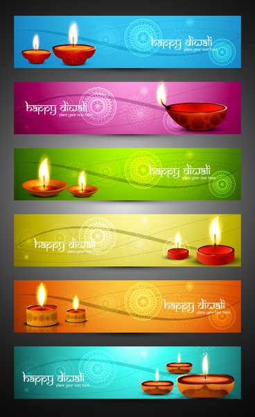 Joyeux diwali ensemble coloré brillant élégant des en-têtes design vecteur