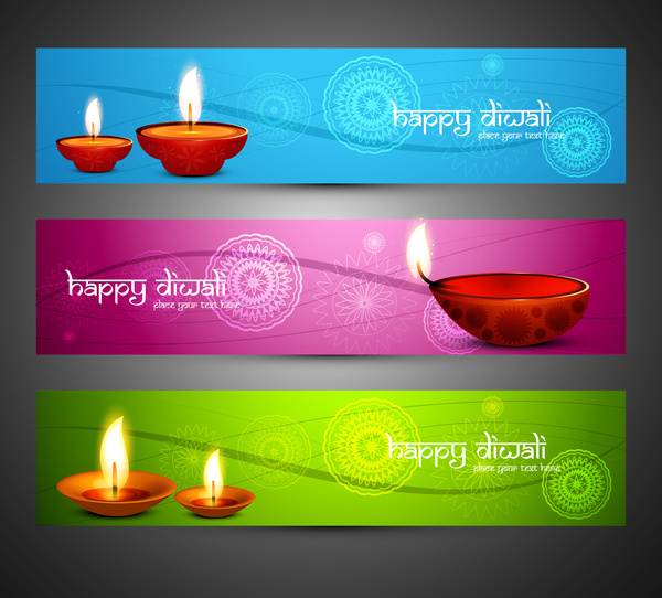 feliz diwali con estilo brillante colorido conjunto de encabezados diseño vector