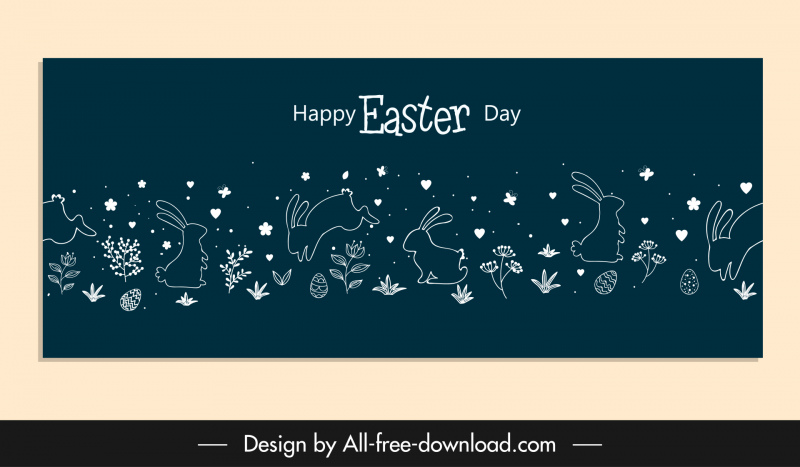 Joyeuses Pâques bannière lapins fleurs croquis dessiné à la main