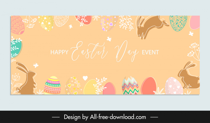 Feliz Pascua Banner Elegante Conejitos Planos Huevos Flores Decoración