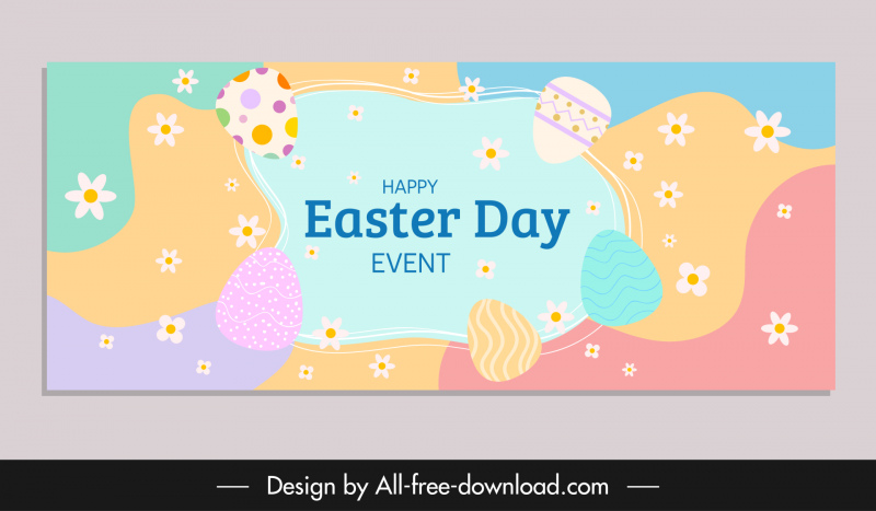 Joyeuses Pâques bannière plat coloré oeufs pétales déformés courbes décor