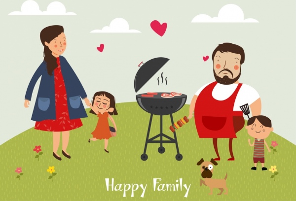 Счастливые семьи фон барбекю значок цветной персонажей мультфильма