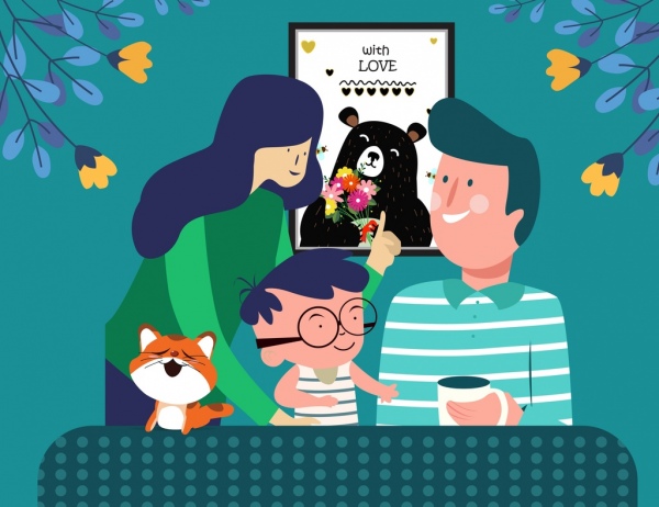 Feliz familia dibujo padres niño iconos dibujos animados diseño