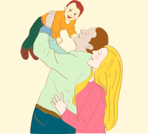 행복 한 가족 그리기 부모 보 아이콘 만화 디자인