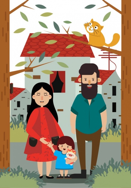 Szczęśliwa rodzina rysunek w ciąży matka ojciec córka ikony