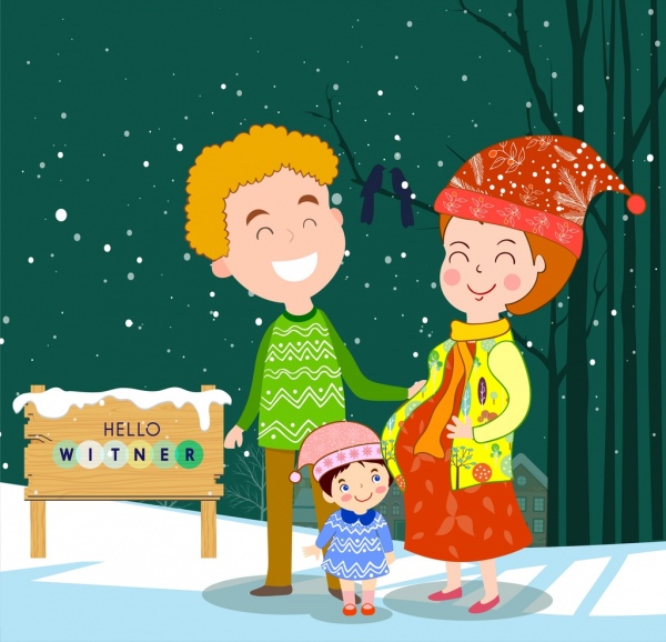 Familia feliz dibujo diseño de dibujos animados de colores de invierno cubierto de nieve
