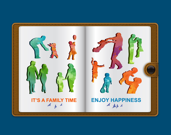幸福的家庭剪影向量插圖的筆記本