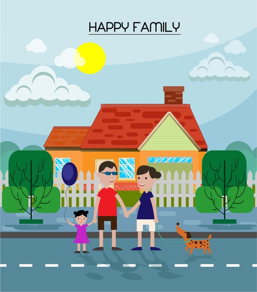 تصميم موضوع الأسرة السعيدة في نمط الألوان المسطحة