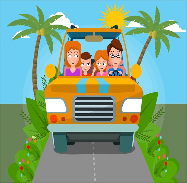gia đình hạnh phúc đi du lịch trong xe vẽ với màu sắc