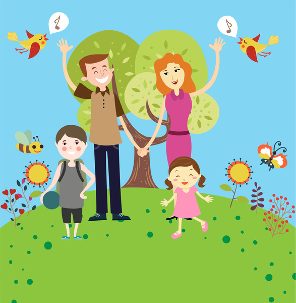 Ilustración de vector de familia feliz en estilo de dibujos animados coloridos