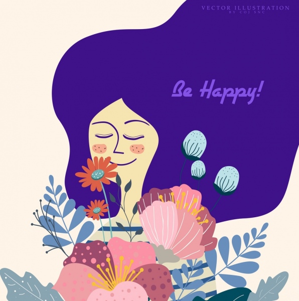 glücklich Grußkarte Vorlage Frau Blumen Symbole Dekor