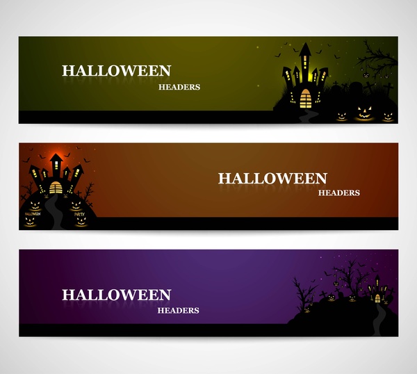 feliz halloween día brillante colorido cabeceras set vectorial de diseño