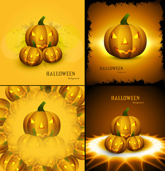 Happy halloween empat koleksi labu kuning berwarna-warni desain vektor ilustrasi