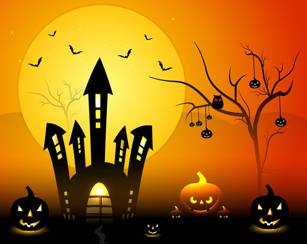 feliz tarjeta de felicitación anaranjada brillante colorido calabazas de halloween fiesta diseño vectorial