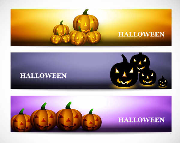 felice halloween zucche tre intestazioni impostate illustrazione vettoriale colorato