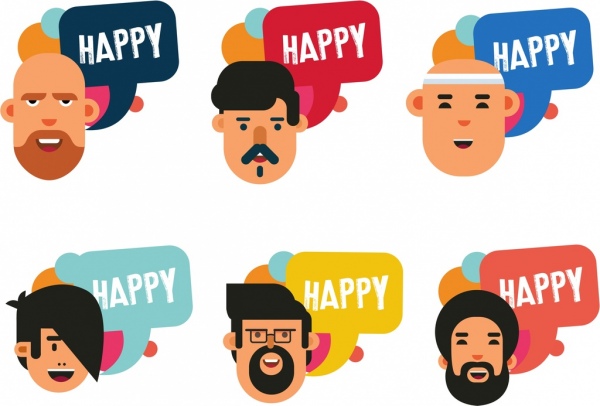 快乐的图标收集男人面对语音泡沫装饰