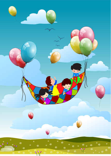 niño feliz vuelo con globo