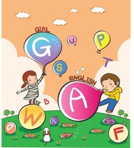 快樂的孩子玩字母氣球向量兒童插畫