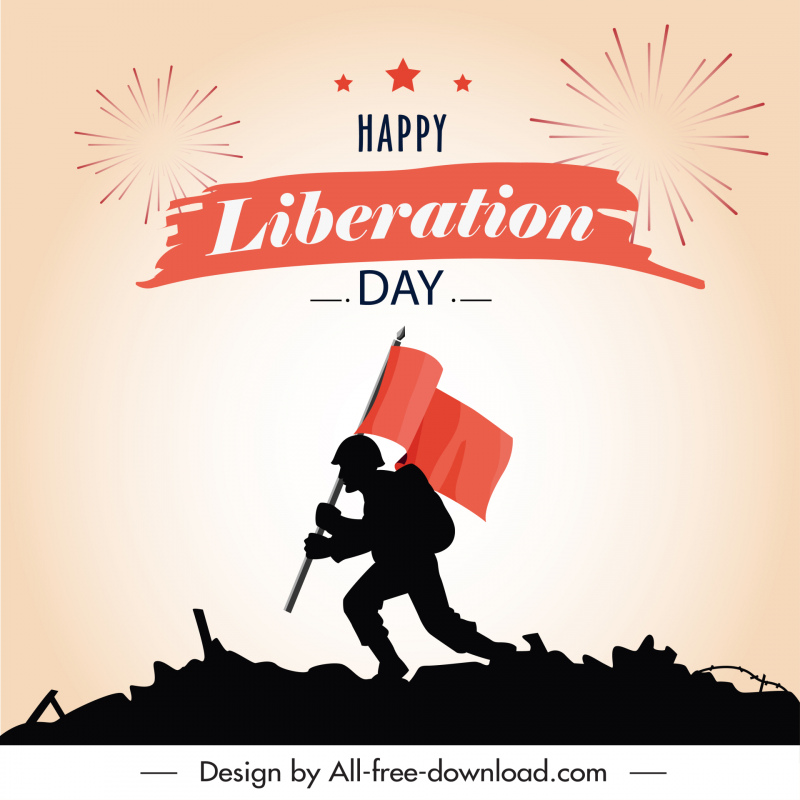 Happy Liberation Day Banner Silhouette Schlachtfeld Szene Feuerwerk Skizze
