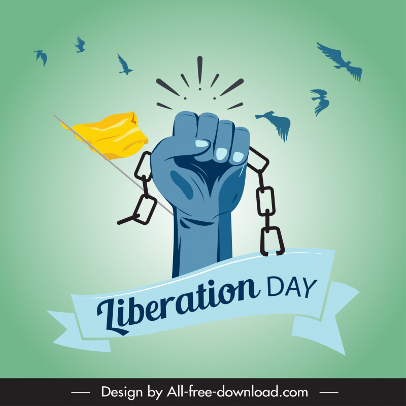 Feliz Día de la Liberación Poster Dynamic Flying Birds Breaking Chain Hand Flat Sketch