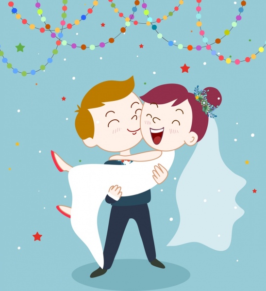 快乐的婚姻情侣画彩色卡通设计