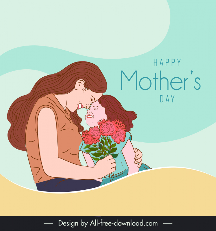 幸せな母の日のバナーママ娘の花の花束スケッチ漫画デザイン