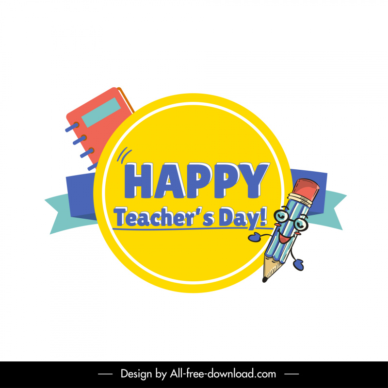 Happy Teacher Day Designelemente lustig stilisiert Bleistiftband Notizbuch Skizze
