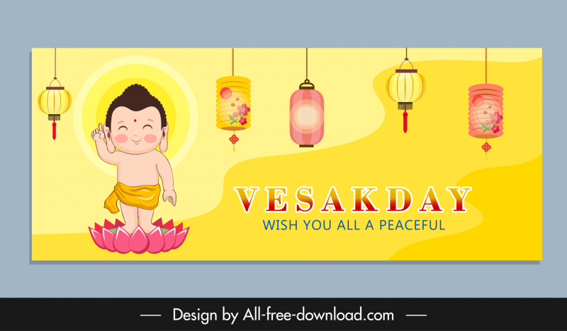 Happy Vesak jour anniversaire bannière modèle lanterne bébé lotus croquis