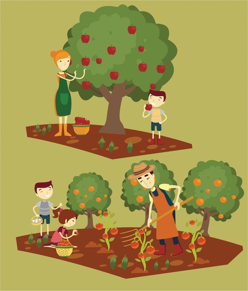 panen ilustrasi gambar dengan keluarga mengumpulkan buah-buahan