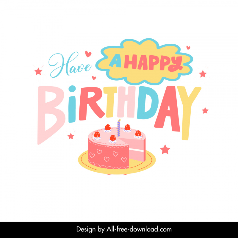 생일 축하 따옴표 배경 템플릿 다채로운 텍스트 3D 케이크 스케치가 있습니다.