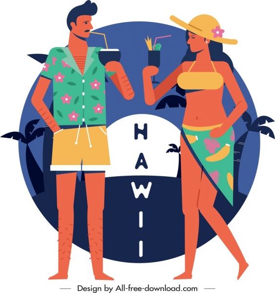 Гавайи Баннер Турист Наслаждайтесь Коктейлем Значок Мультфильм Дизайн