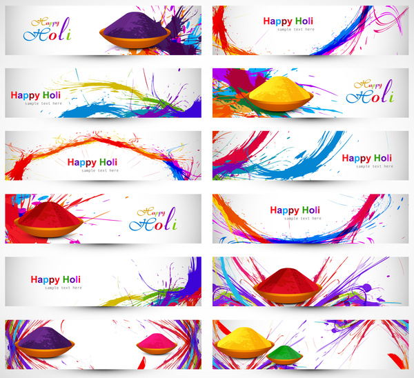 Header und Banner gesetzt glückliches Holi schöne indische Festival bunte Sammlung Design Vektor