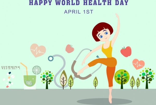 Día de la salud Fitness mujer icono bandera de dibujos animados de colores