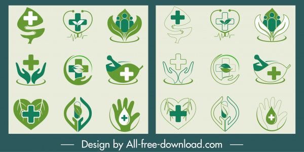 أيقونات الرعاية الصحية جمع الأخضر القلب اليد ورقة الأشكال