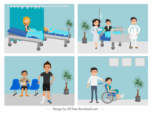 ภาพวาดการดูแลสุขภาพตัวการ์ตูนโรงพยาบาลสีการ์ตูนการออกแบบ