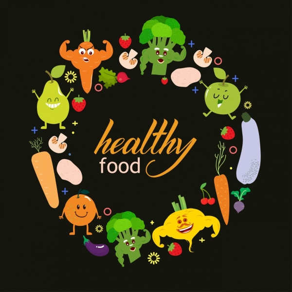 un'alimentazione sana pubblicità stilizzata vegetale icone cerchio layout