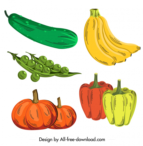 ikony zdrowej żywności kolorowe retro szkic