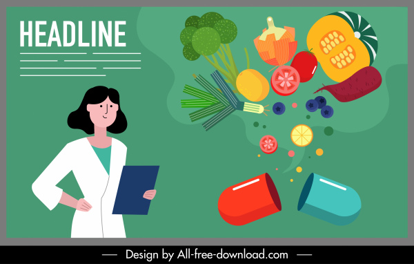 cartel de comida saludable carácter de dibujos animados colorido diseño dinámico