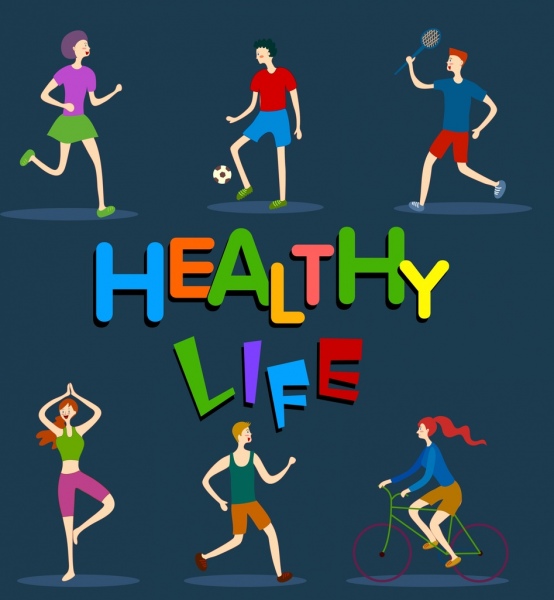 gesundes Leben Hintergrund Sport Aktivitäten Symbole Cartoon Skizze