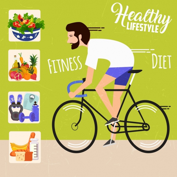 ícones de dumbbel vida saudável bandeira ciclista alimentos frescos