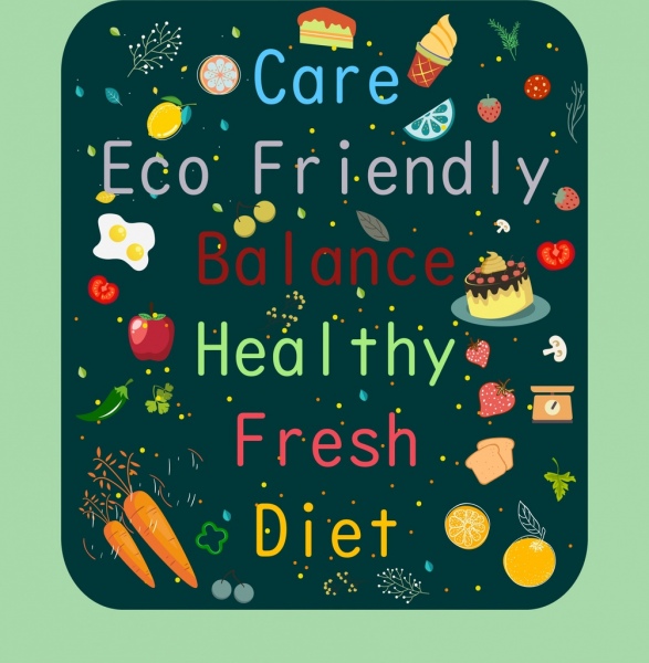 estilo de vida saudável fundo alimentos textos decoração design multicolorido