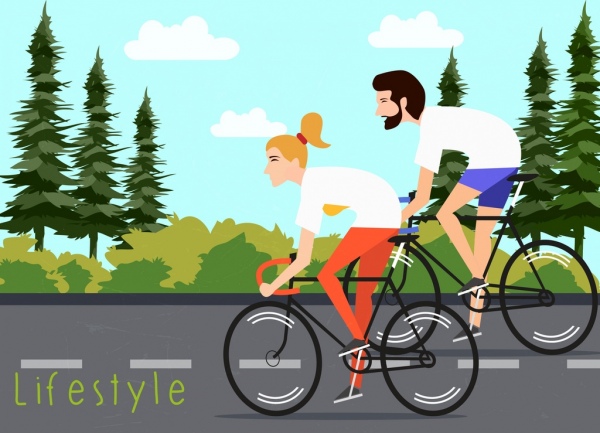 mode de vie sain bannière riding couleur deux bicyclettes cartoon