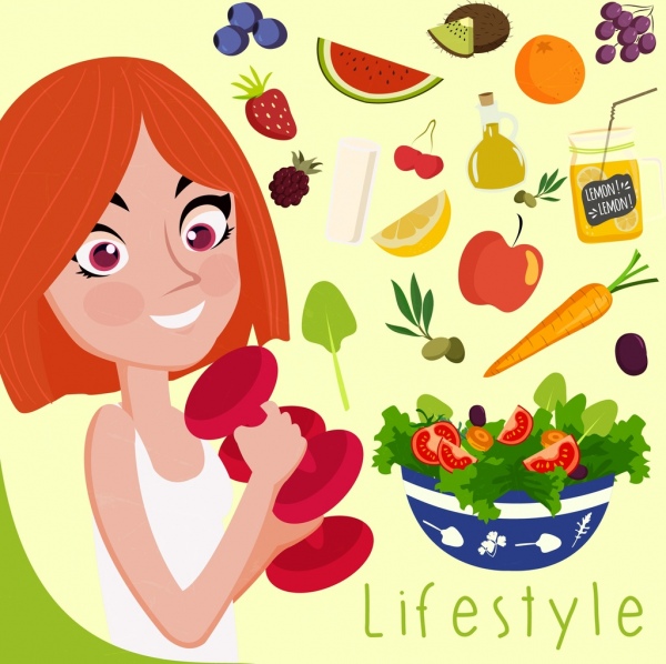 decoração de ícones do estilo de vida saudável banner menina frutas
