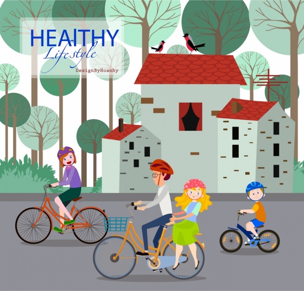 zdrowy tryb życia ludzkiego na rowerze kolorowy wzór sztandar.
