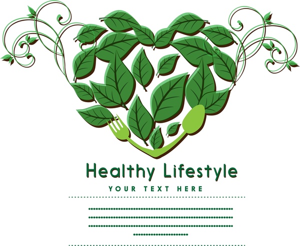 स्वस्थ जीवन शैली बैनर पत्तियां और हृदय सज्जा डिजाइन