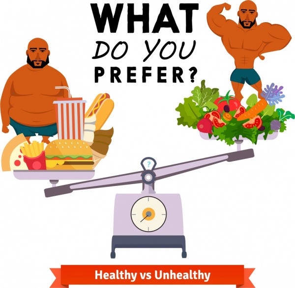 gesunde Lebensweise Banner männlichen Gleichgewicht Gemüse Fastfood Symbole
