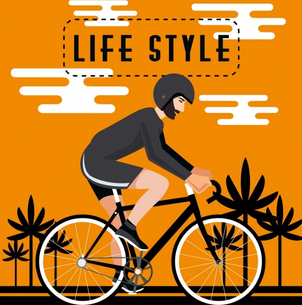 健康的生活方式的旗幟，騎自行車的男子彩色卡通